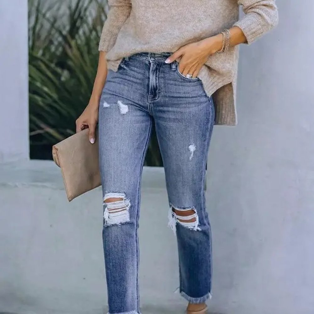 Ripped Mid Waist With Tassels Jeans